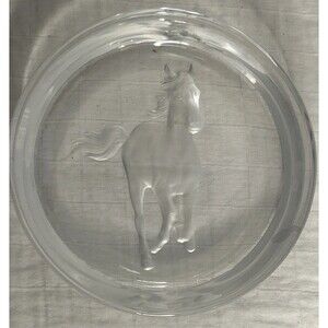Hoya Crystal Engraved Jumping Horse Plate New NO Box 5” Round Equestrian Gift